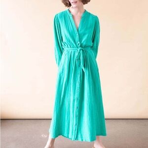 Xirena Kelly Green Cotton Gauze Button-Down Tie-Waist Maxi Shirt Dress - Large